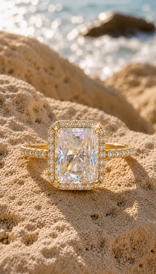 2.0 Carat Emerald Cut Halo Gold Ring