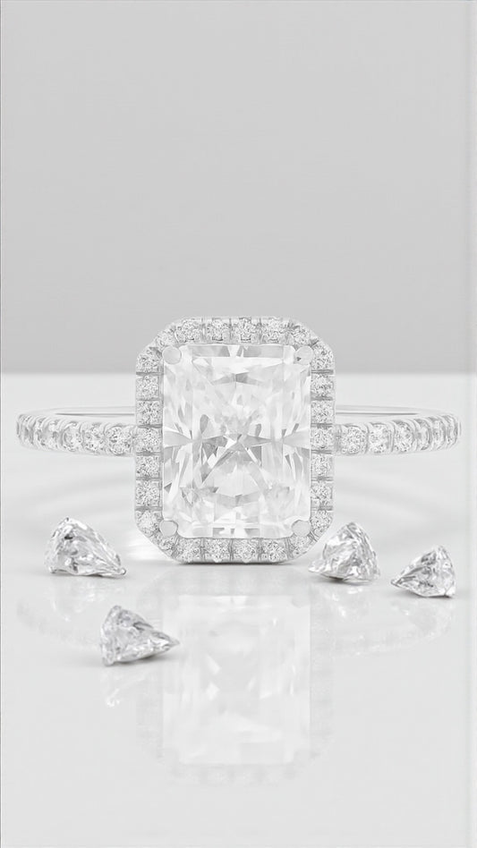 2.0 Carat Emerald Cut Halo Silver Ring