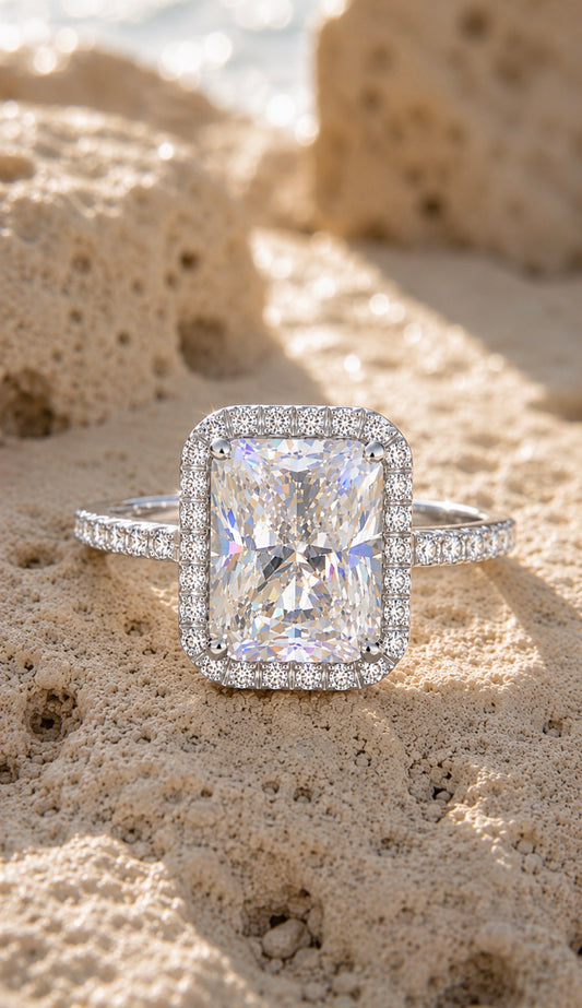 2.0 Carat Emerald Cut Halo Silver Ring