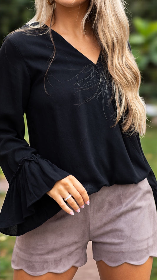 Black Flared Long Sleeve Shrit